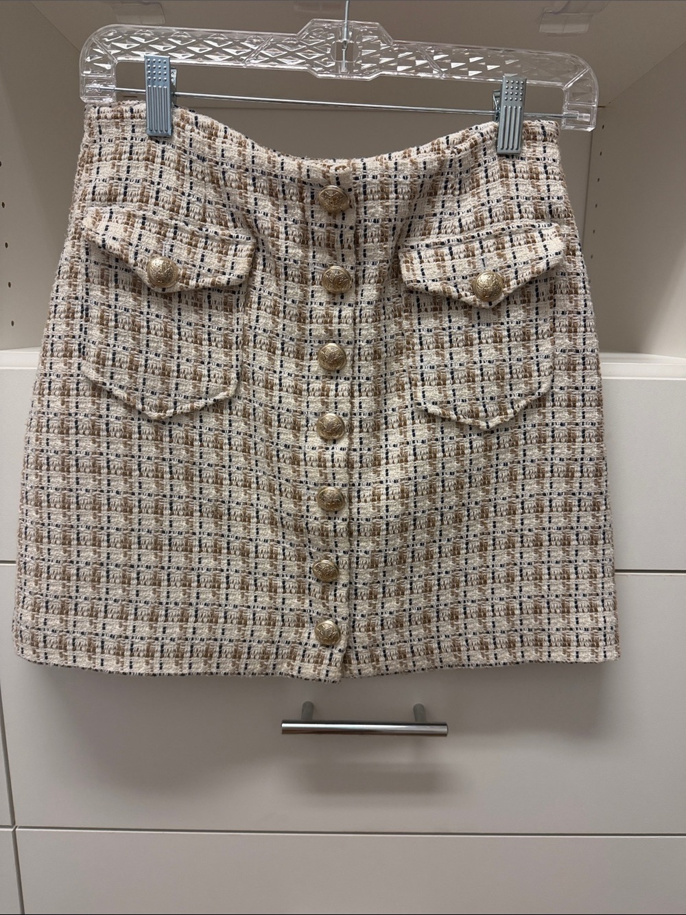 INTERMIX Tweed Button-Front Mini Skirt in Cream and Brown